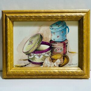 Vintage Peggy Abrams Victorian Hat Boxes Framed Watercolor Print Art Decor
